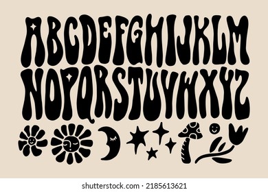 Hippie Bohemian Groovy Postmodern Funky Font Alphabet 1960s Boho Psychedelic Style. Perfect For Posters, Collages, Clothing, Music Albums And More. Vector Clipart Illustrations, Isolated Letters.