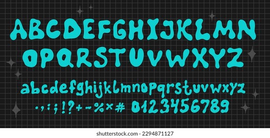 Hippie bohemian groovy postmodern funky font alphabet 1960s boho psychedelic style. Letters and numbers in Y2K style. Elements for social media, web design, posters, collages, clothing, music albums