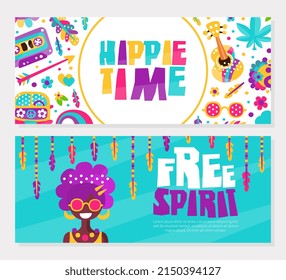 Hippie Bohemian Poster or Card Design with Sticker Element Vector Template
