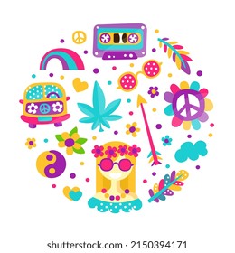 Hippie Bohemian Sticker Element Arranged in Circle Vector Template