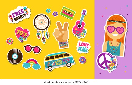 Hippie, bohemian stickers, pins, art fashion chic patches, pins, badges and icons