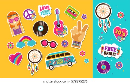 Hippie, bohemian stickers, pins, art fashion chic patches, pins, badges and icons