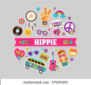 Hippie, bohemian stickers, pins, art fashion chic patches, pins, badges and icons