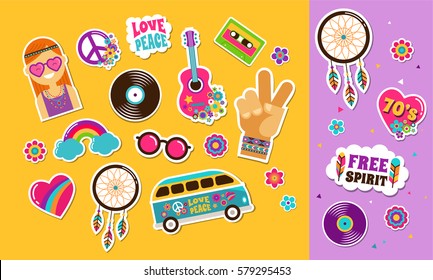 Hippie, bohemian stickers, pins, art fashion chic patches, pins, badges and icons 