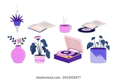 Hippie boho interior decor 2D linear cartoon objects set. Cozy accessories isolated line vector elements white background. Flowerpots books, vinyl player color flat spot illustrations collection