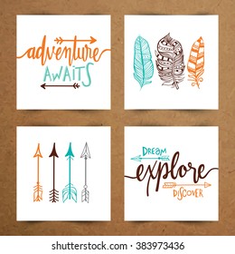 Hippie And Boho Style Vector Illustration. Adventure Awaits And Dream Explore Discover   Poster, Banner, Flyer And Greeting Card Set With Ethnic Arrows And Feathers.