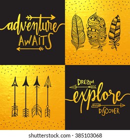 Ilustración vectorial de estilo hippie y boho. Aventura a la espera y Descubre el Aventura, afiche, pancarta, volante y tarjeta de saludo con flechas y plumas étnicas.