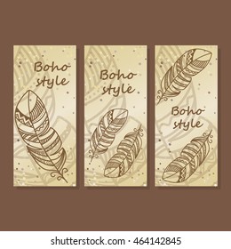 Hippie and Boho Style vector illustration. Discover poster, banner, flyer and greeting card set with ethnic feathers