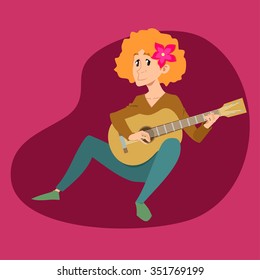 Hippie boy playing acoustic guitar vector illustration