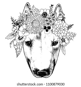 Hippie bull terrier in the floral wreath. Chic dog portrait. Fashion vector illustration for your blog, logo and other design.