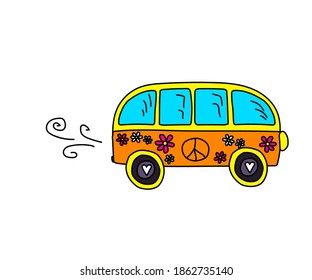 Hippie bus on a white background. Cartoon. Vector illustration.