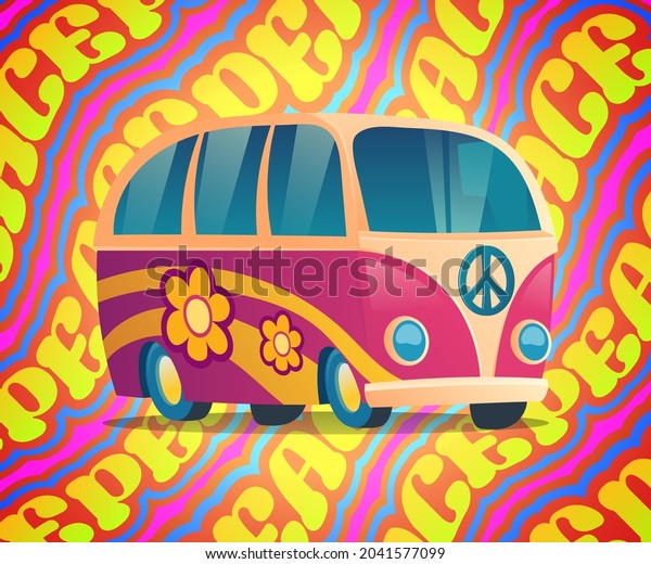 Hippie bus with peace and love label and\
flowers. Pink vintage van, retro wagon of sixties on colorful\
psychedelic background. Woodstock musical festival, hippy culture,\
Cartoon vector\
illustration