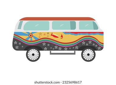 Hippie bus vector illustration, A retro hippie bus is isolated against a white background. It is depicted as a vector illustration and serves as a comic character for textile purposes. The bus, adorne