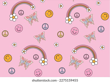 hippie Butterfly and rainbow daisy flower design and slogan vector