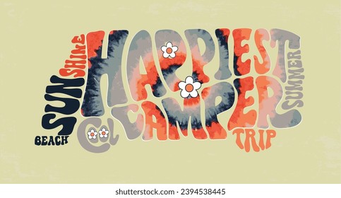 hippie camp van typography vector design, tie dye effect artwork for t shirt, sticker, graphic print, hippie van life, happy camper typography, summer road trip design