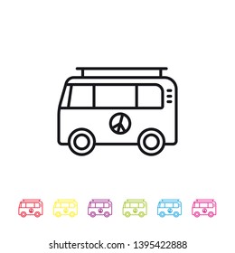 Hippie camper van line icon. Sixties lifestyle symbol in black and six colors.