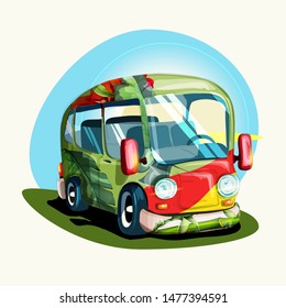 Hippie car for beach with flowers and tropical leaf on it. Han drawn illustration, isolated on white. Can be used in desing purpose.