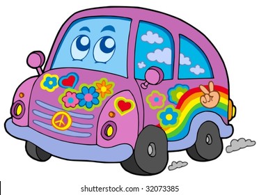Auto hippie sobre fondo blanco - ilustración vectorial.