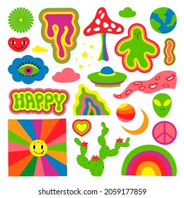Hippie cartoon elements. 60s 70s psychedelic objects, clothes trippy sticker. Retro mushroom, rainbow groovy lifestyle. Abstract art swanky vector set