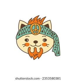 Hippie cat character. Cute kitten in a headband with pacific peace symbol. Psychedelic animal head in 60s 70s style. Vector illustration