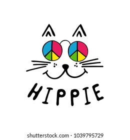 Hippie cat with color glasses. Vector illustration. 