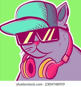 Hippie cat vector with headphones, sunglasses and a rapper hat. Cool DJ feline head portrait. Fashion kitten wearing audio gadgets