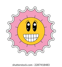 Hippie chamomile smiley character good vibes. Funny retro daisy mascot. Flower head with face. Positive vintage cartoon style plant. Trendy groovy y2y pop culture floral design. Vector eps element