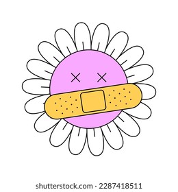 Hippie chamomile smiley character good vibes. Funky retro daisy mascot. Groovy flower head with patched crazy face. Psychedelic positive vintage cartoon style plant. Trendy y2y pop culture floral. EPS