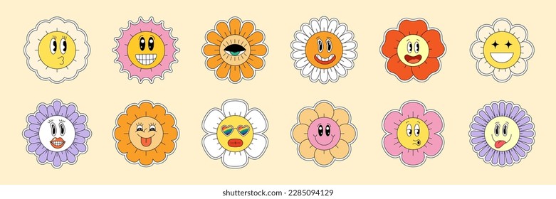 La sonrisa chamomile hippie es buena vibración. Graciosa colección de margaritas retro. Flores psicodélicas en un estilo de caricatura vintage positivo. Diseño del paquete de emoticones pop y2y de moda. Elementos de los vectores