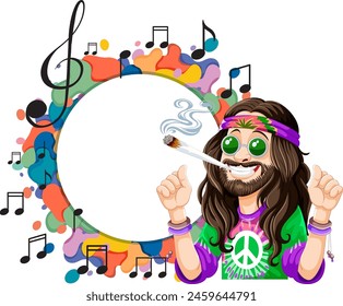 Hippie character with peace sign and colorful music notes