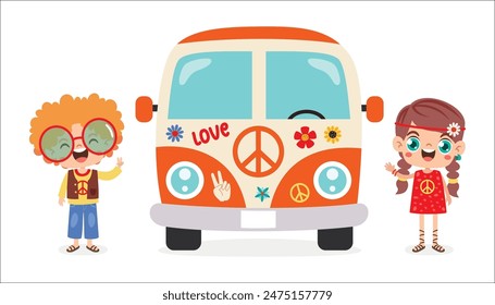 Hippie Characters With Camper Van