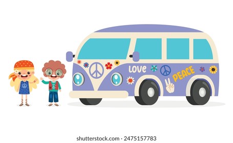 Hippie Characters With Camper Van