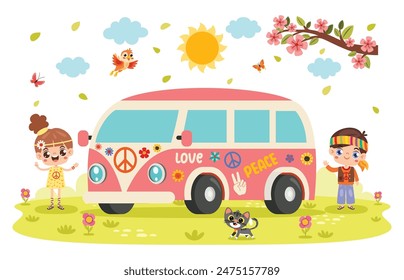 Hippie Characters With Camper Van