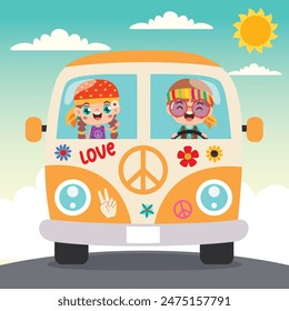 Hippie Characters With Camper Van