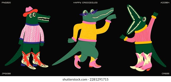 Hippie characters retro crocodiles of the 90s, .Cowboy theme, in a hat, Cossacks, boots, sweater. vintage set of vector wild reptiles in groovy style