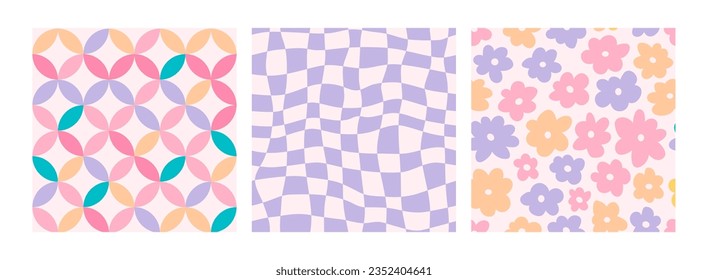 Hippie checkered seamless patterns with daisy flowers, groovy checkerboard backgrounds. Funky vintage aesthetic floral fashion textile print, retro psychedelic waves pattern with daisies vector set