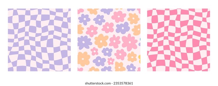 Patrones hippie a cuadros sin fisuras con flores de margarita, gruesos fondos de tablero de ajedrez. Funky vintage estética estética de moda floral impresión textil, retro patrón de ondas psicodélicas con conjunto de daisises vectorial