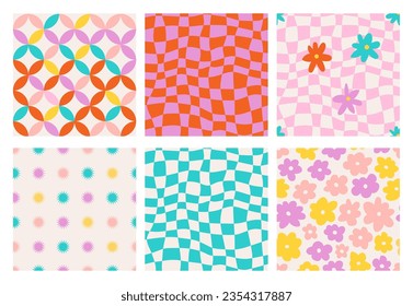 Hippie checkered seamless patterns with daisy flowers, groovy checkerboard backgrounds. Funky vintage aesthetic floral fashion textile print, retro psychedelic waves pattern with daisies vector set