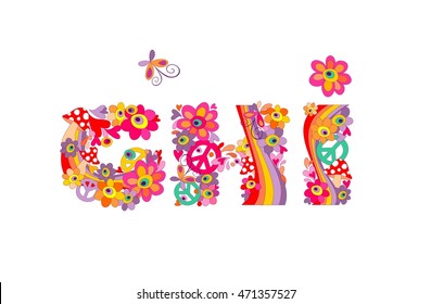 Hippie childish alphabet with colorful abstract flowers, rainbow and mushrooms. G, H, I