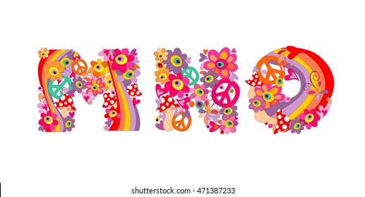 Hippie childish alphabet with colorful abstract flowers, rainbow and mushrooms. M, N, O