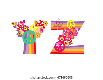 Hippie childish alphabet with colorful abstract flowers, rainbow and mushrooms. Y, Z