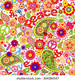 Hippie childish colorful wallpaper with mushrooms and poppies