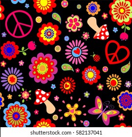 Hippie childish funny wallpaper with abstract flowers, mushrooms and peace symbol