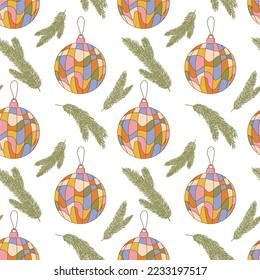 Hippie Christmas groovy seamless pattern with cartoon christmas balls and fir branches on white background in retro style 1960s - 1970s