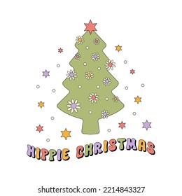 Hippie Christmas tree vector illustration isolated on a white background. Retro groovy print for holiday festive season in vintage style 60s, 70s.