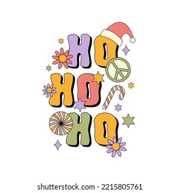 Hippie Christmas vector illustration isolated on a white background. Retro groovy print in style 70s, 80s. 