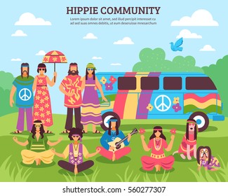 Hippie composition with flat freak characters of flower children faceless characters and rainbow colored minivan house vector illustration