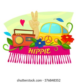 Hippie concept design with record player and hippie van, colorful vector illustration