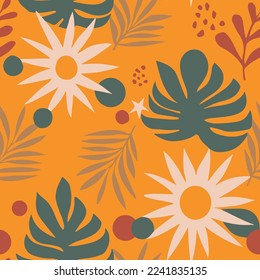 Hippie Continuous Botanical Tropic Garden Set Background. Pink Repeated Color Beauty Tree Illustration Pattern. Pastel Seamless Summer Palm Ornament Vector.
