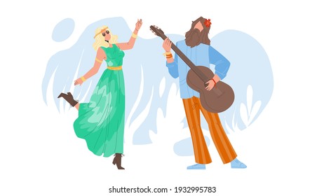 Hippie Couple Dancing And Playing On Guitar Vector. Young Man And Woman Hippie Performing On Musician Instrument And Dance Together. Characters Funny Leisure Time Flat Cartoon Illustration